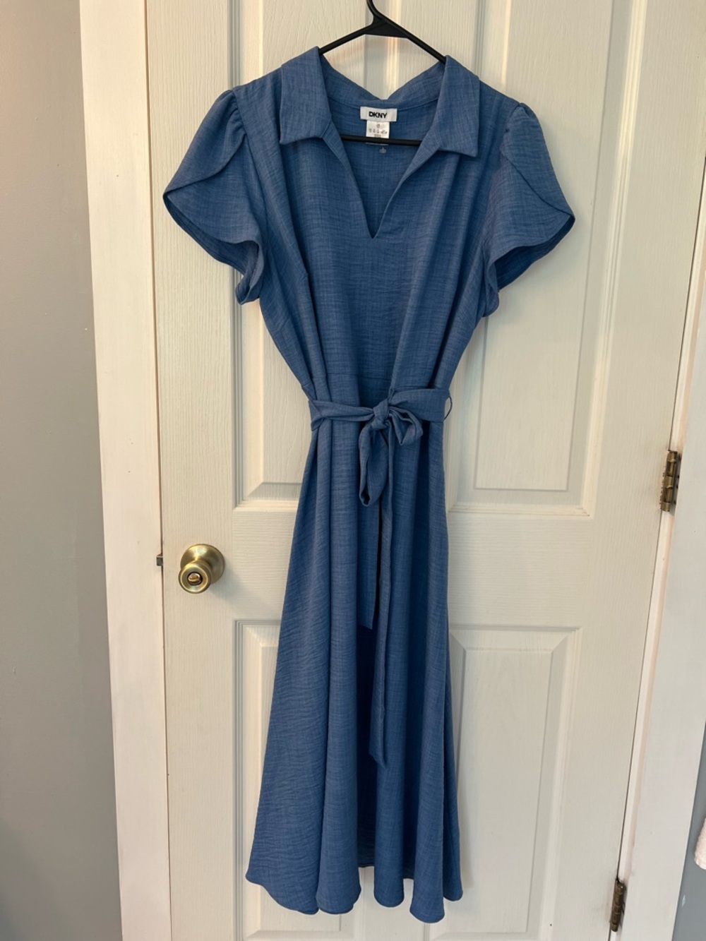 DKNY Blue Collared Midi Dress with Tie Waist